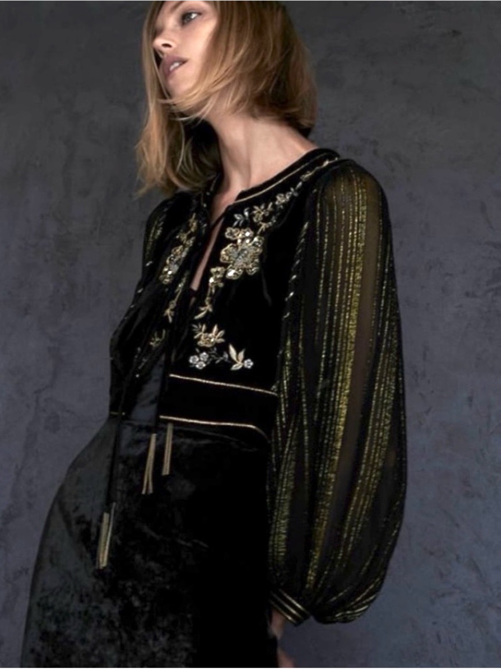 Zara Black Velvet Embroidered Cropped Jacket with Sheer Metallic-Striped Sleeves - Picture 2 of 6